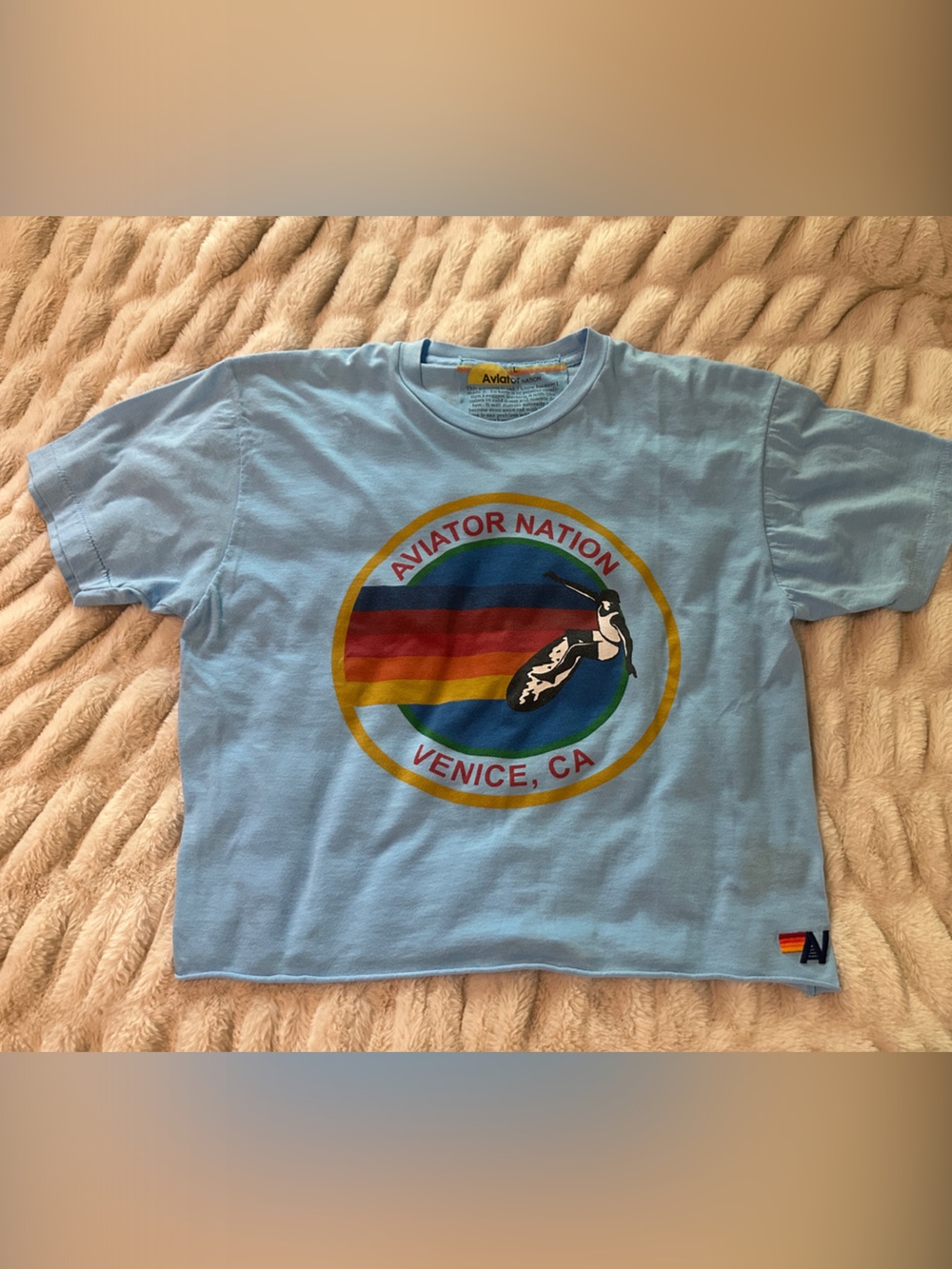 Aviator Nation Womens Light Blue Venice CA Rainbow Graphic Tee Large